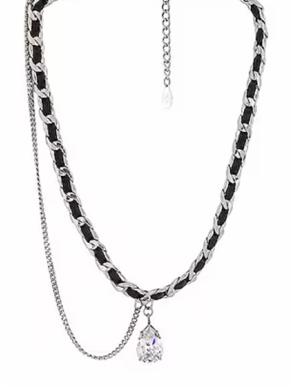 Silver-Tone Black Weave Necklace with Teardrop Crystal Pendant